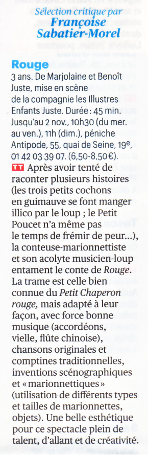 Article Télérama Sortir "Rouge" • 29 octobre 2014 • n° 3381